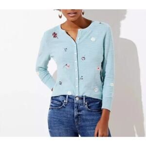 Loft Blue Embroidered Floral Cardigan Sweater Size XS